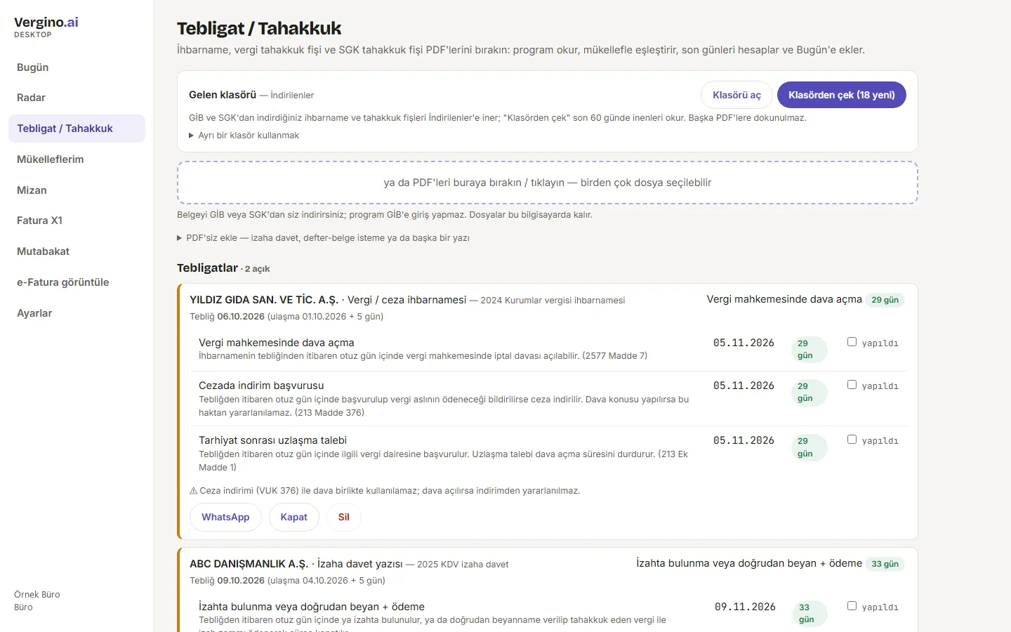 Tebligat / Tahakkuk ekranı: tebliğ tarihi, son günler ve WhatsApp ile iletme